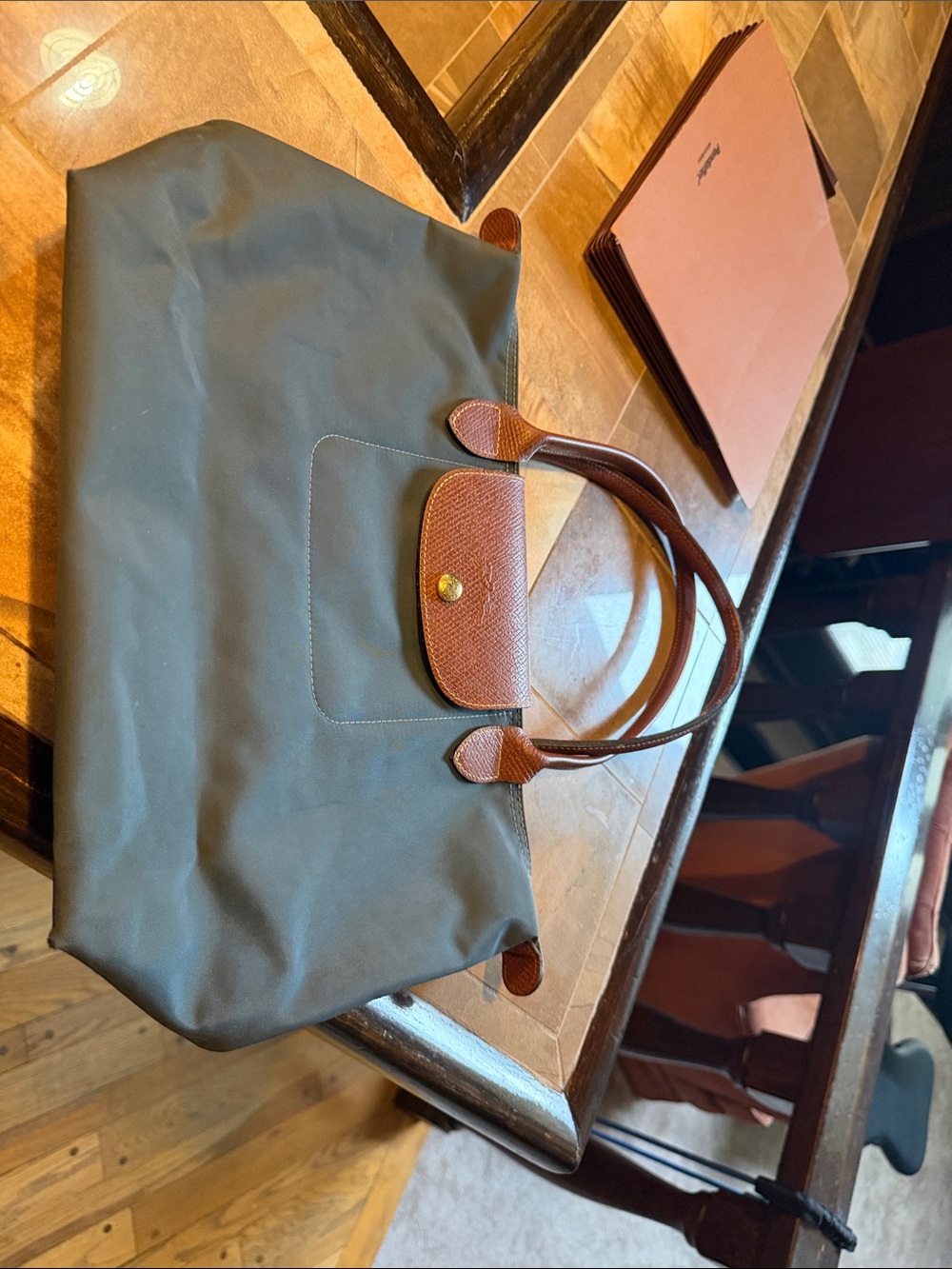 Longchamp Olive gray Nylon Tote with Brown Leather Trim